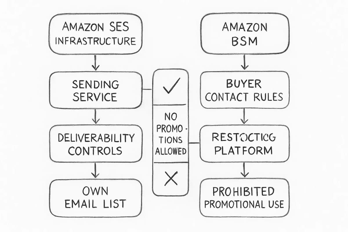 Comparison diagram showing two parallel infrastructure paths for Amazon email marketing. Left side shows Amazon SES as sending infrastructure with boxes for: sending service, deliverability controls, and owned email list management. Right side shows Amazon Marketplace BSM (Buyer-Seller Messaging) with boxes for: messaging platform, policy restrictions, and prohibited promotional use. Center shows contrasting rules and allowed use cases. Include clear visual separation between the two systems with checkmarks for permitted actions on SES side and X marks for prohibited promotional activities on BSM side.