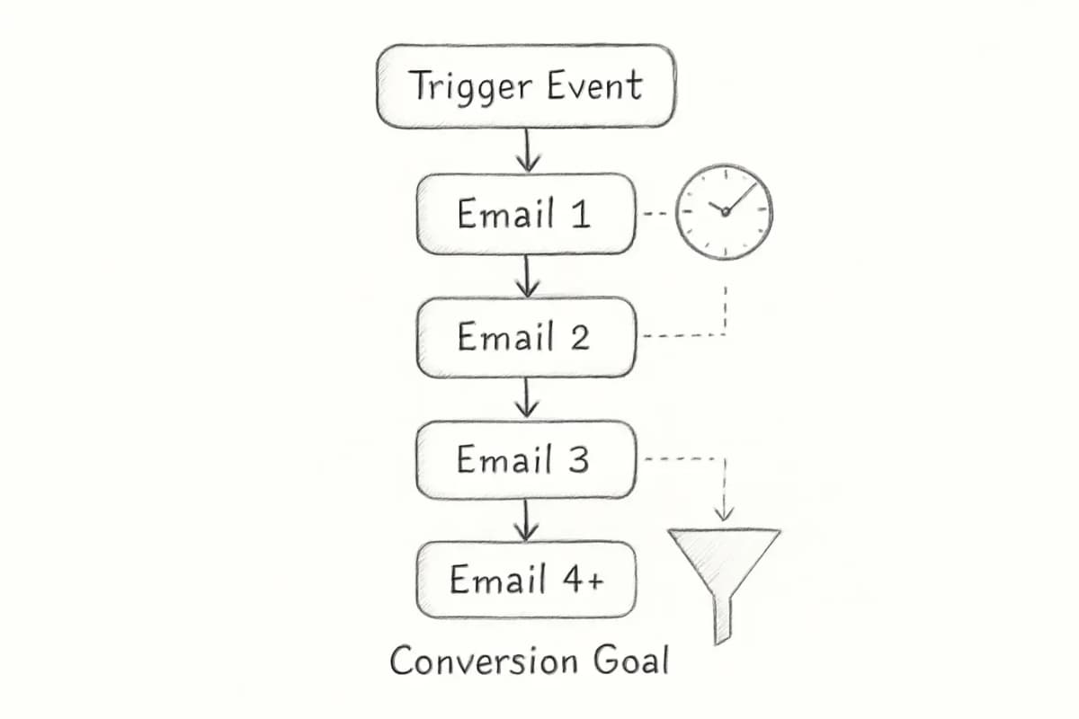 Drip campaign funnel diagram showing the complete workflow: a trigger event (user action or date-based) initiates an automated sequence of 4-7 emails spaced over one to two weeks. Each email in the sequence flows downward with arrows showing the progression. At the bottom, the funnel narrows to show the conversion goal. Include visual indicators for timing/spacing between emails and a clear entry point (trigger) at the top.