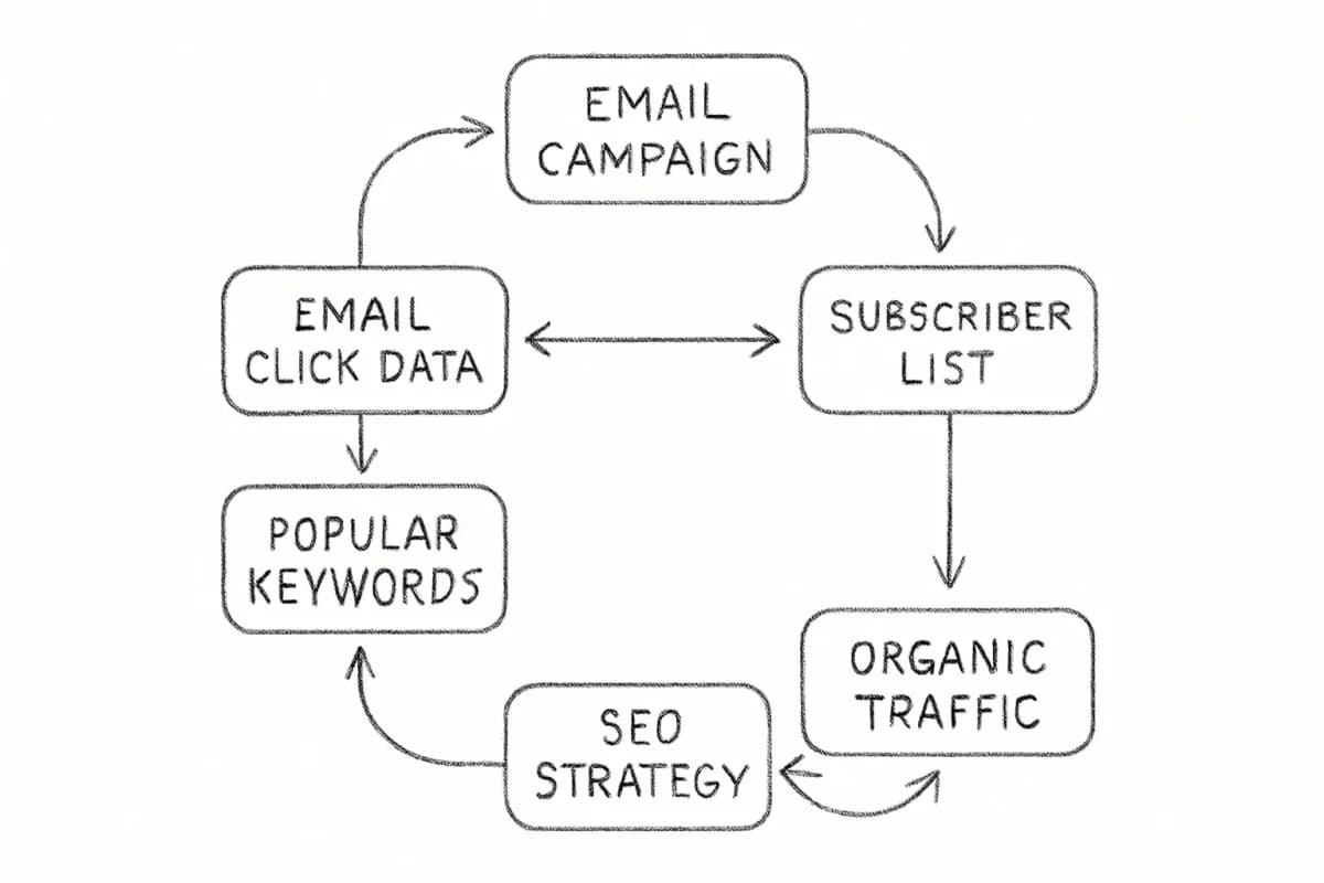Circular diagram showing the content repurposing cycle between email marketing and SEO. Starting with an email campaign, an arrow points to email metrics (click-through rates and engagement data). From there, an arrow shows how popular topics and keywords from email clicks inform SEO strategy. The cycle completes as SEO-driven organic traffic feeds back into the email subscriber list, which then fuels new email campaigns. Show bidirectional arrows emphasizing the compounding effect where each channel strengthens the other.