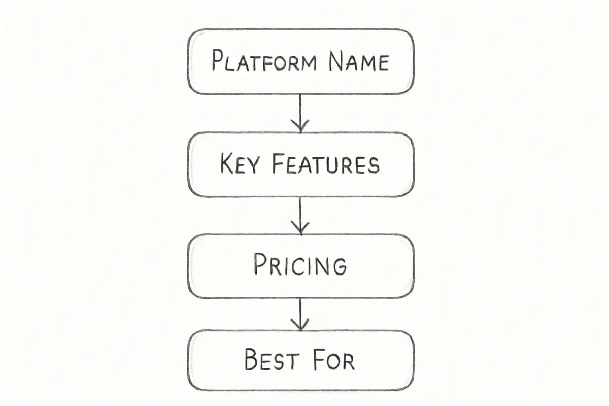 Comparison chart showing video email marketing platforms side-by-side with columns for platform name, key features (video hosting, analytics, automation), pricing tier, and best use cases. Include major platforms like Vidyard, Hippo Video, and others mentioned in the article. Use a clean table or grid layout with distinct sections for each platform.