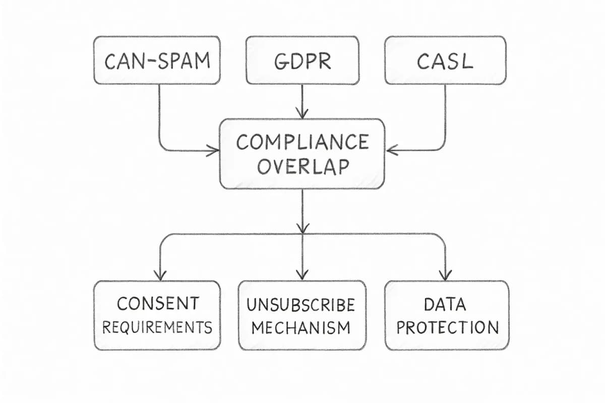 Compliance framework diagram showing three overlapping regulatory standards for email marketing. Three columns or circles representing CAN-SPAM Act (US requirements: From line accuracy, clear subject lines, unsubscribe link, physical address), GDPR (EU/UK requirements: explicit consent, data protection, right to be forgotten), and CASL (Canada requirements: explicit opt-in, identification, unsubscribe mechanism). Show how these standards intersect and overlap to create unified email compliance requirements. Use color coding to distinguish each regulation while highlighting intersection areas.