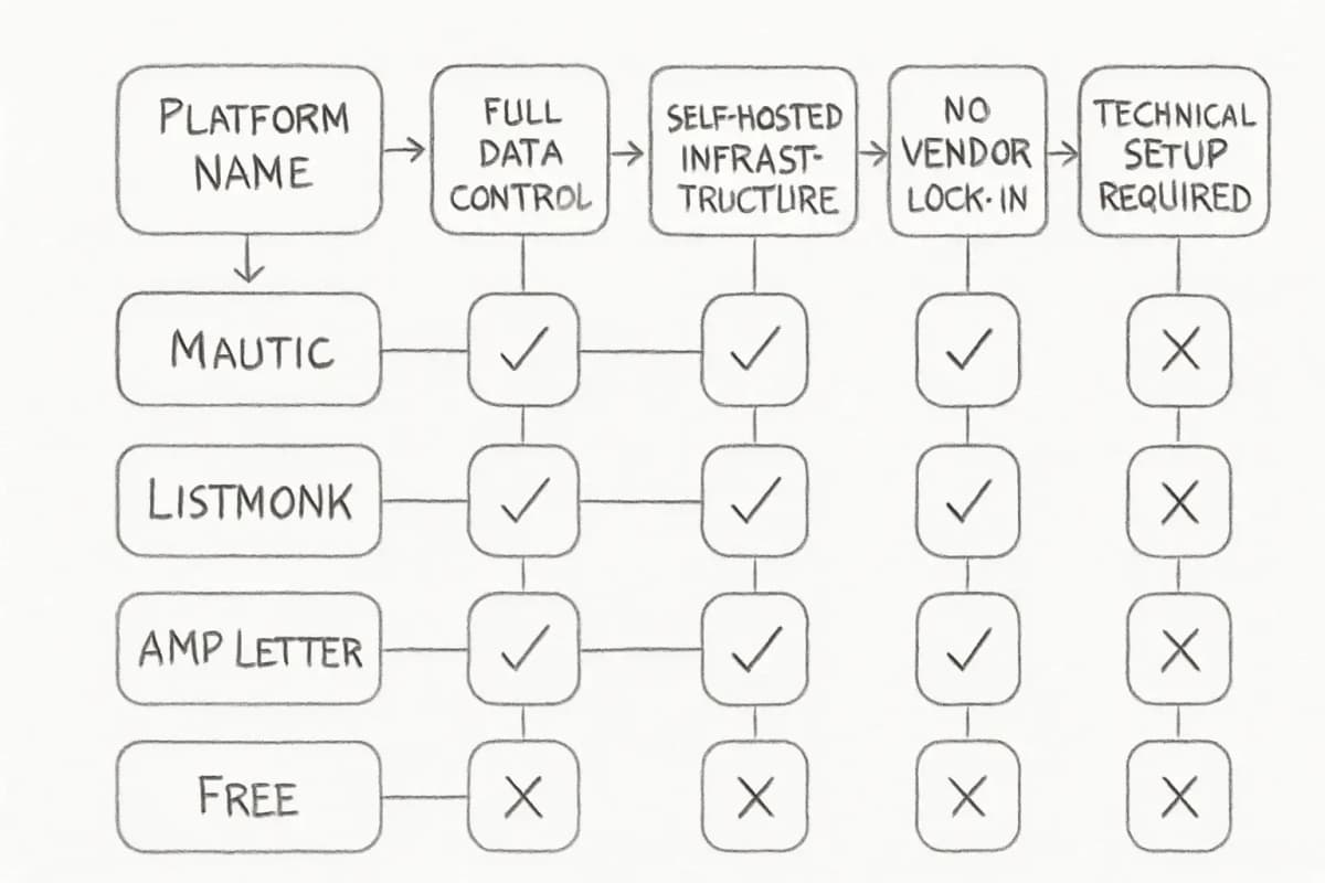 Feature comparison chart showing free and open source email marketing platforms side by side. Left column lists platform names. Middle columns show key features with checkmarks or X marks: deliverability management, data control, infrastructure control, vendor lock-in risk (yes/no), recurring fees (yes/no), technical setup requirements. Include 3-4 popular open source platforms like Mautic, Listmonk, and AMP Letter. Use a clean table or grid layout with visual indicators for feature availability.