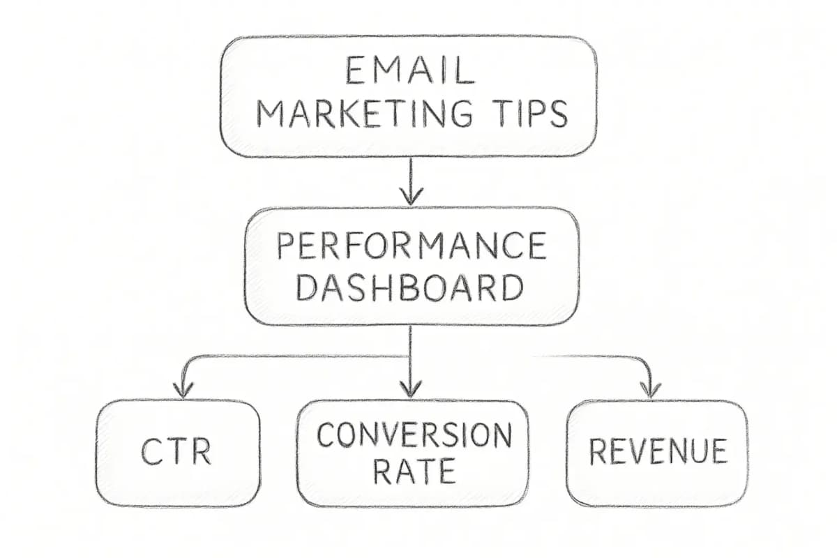 Email marketing tips performance dashboard showing key metrics like CTR, conversion rate, and revenu