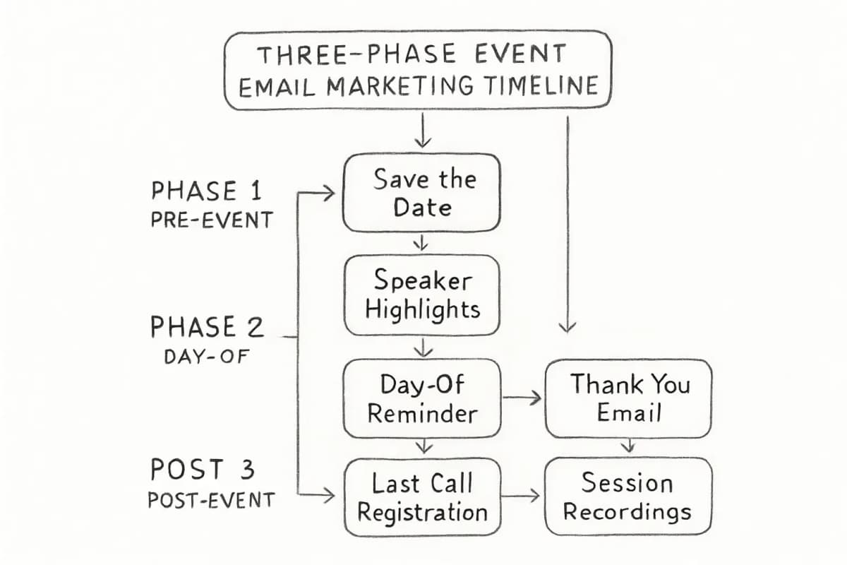 Three-phase event email marketing timeline diagram showing vertical flow: Phase 1 (Pre-Event) with email types like save the date, speaker highlights, and agenda previews; Phase 2 (Day-Of) with reminder emails and last-call registrations; Phase 3 (Post-Event) with thank you emails, session recordings, and follow-up surveys. Each phase should show 2-3 specific email touchpoints in sequence with connecting arrows.