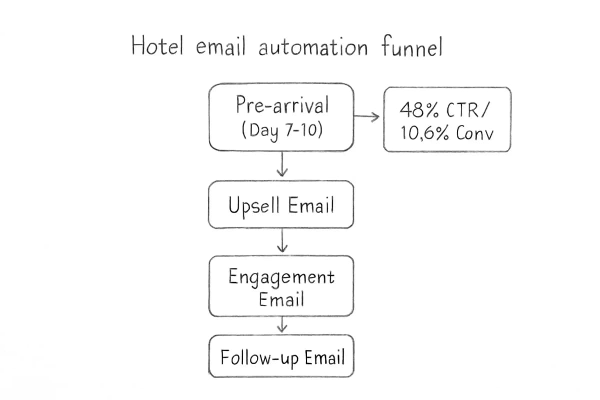 Hotel email automation funnel diagram showing three sequential stages of the guest lifecycle. Stage 1 (Pre-arrival) displays touchpoints sent before check-in with upsell timing emphasis (7-10 days before stay). Stage 2 (On-property) shows emails sent during the guest's stay. Stage 3 (Post-stay) displays follow-up and re-engagement emails after checkout. Each stage is connected with arrows showing the progression. Include key metrics annotation for pre-arrival stage highlighting 48% click-through rate and 10.6% conversion rate on optimally timed emails.
