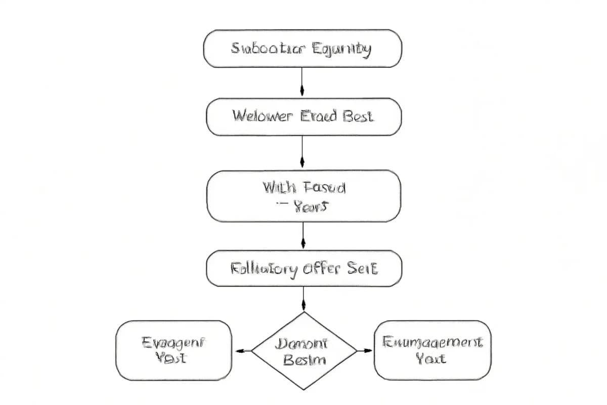 MailerLite automation workflow flowchart showing the complete email automation sequence: a new subscriber enters the workflow after signing up, receives an automated welcome email, enters a wait period (2-3 days), then receives a follow-up offer email. After the offer is sent, the workflow includes an engagement check that evaluates whether the subscriber opened the email. Based on engagement, subscribers split into two paths: engaged subscribers continue to the next campaign or nurture sequence, while non-engaged subscribers enter a re-engagement or win-back sequence. Use arrows to show the flow direction, decision diamonds for the engagement check, and rectangular boxes for action steps. Color the entry point green, decision points yellow, action steps blue, and outcome paths in distinct colors to show the engaged vs. non-engaged split.