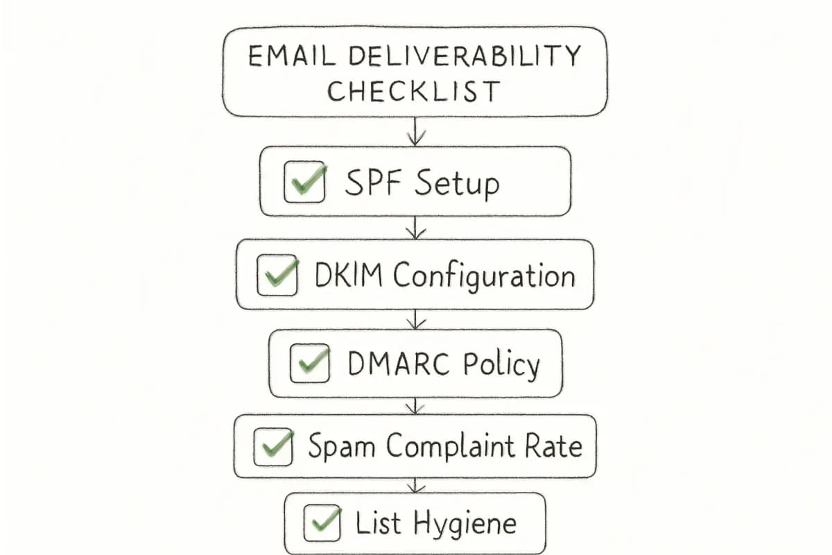 Email deliverability checklist diagram showing five key components stacked vertically with checkboxes: SPF (Sender Policy Framework) authentication setup, DKIM (DomainKeys Identified Mail) configuration, DMARC (Domain-based Message Authentication Reporting and Conformance) policy, spam complaint rate monitoring, and list hygiene practices. Each item should show a checkbox with a checkmark, connected by vertical lines to show they work together as a unified authentication and maintenance system. Use a clean, professional design with green checkmarks to emphasize completion/compliance.