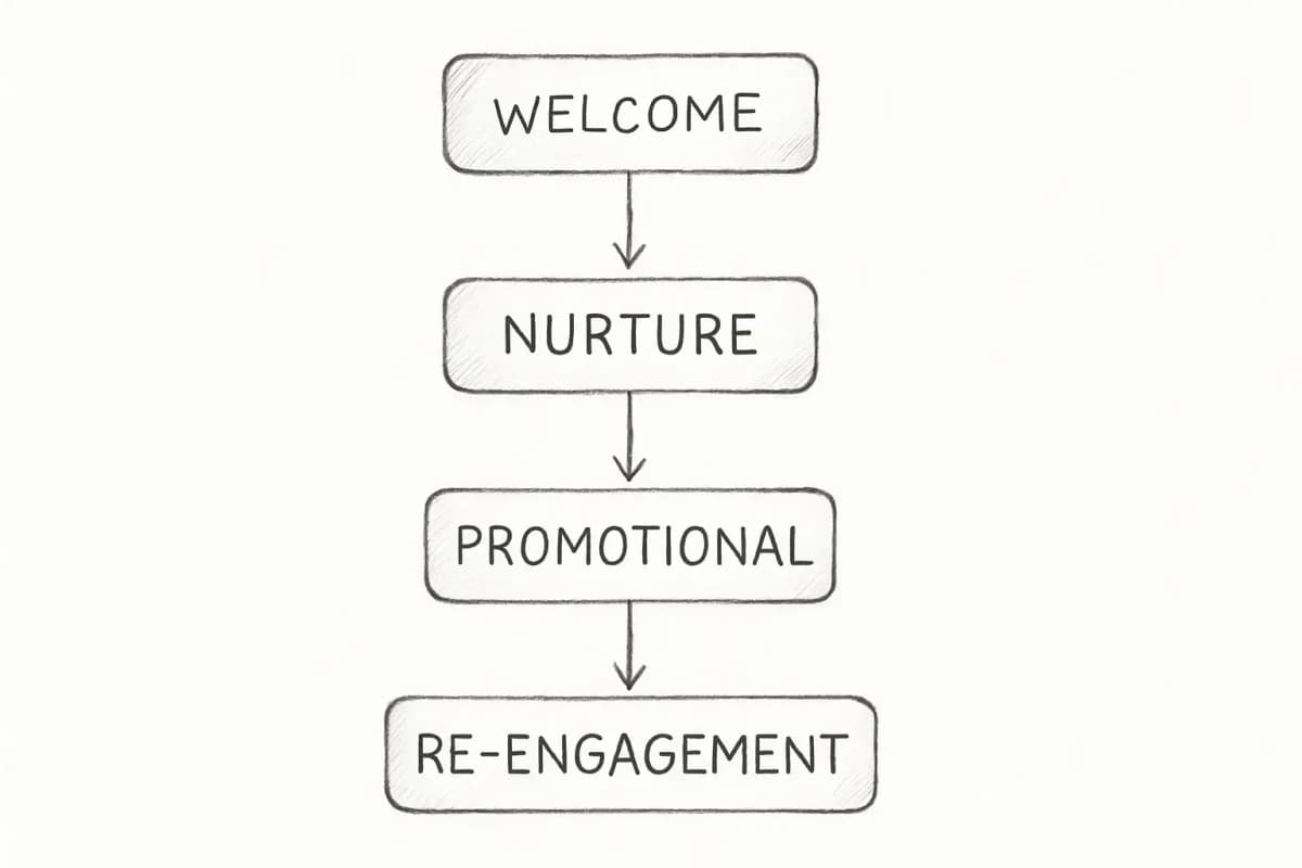 A lifecycle diagram showing four email types mapped vertically to customer journey stages. The diagram displays: Welcome emails at the top (new subscriber stage), followed by Nurture emails (engagement building stage), Promotional emails (conversion stage), and Re-engagement emails (at-risk/win-back stage) at the bottom. Each email type should be in its own box or node, connected by arrows flowing downward to show progression through the customer lifecycle. Use a clean, professional color scheme with distinct colors for each email type to show the different purposes and stages.