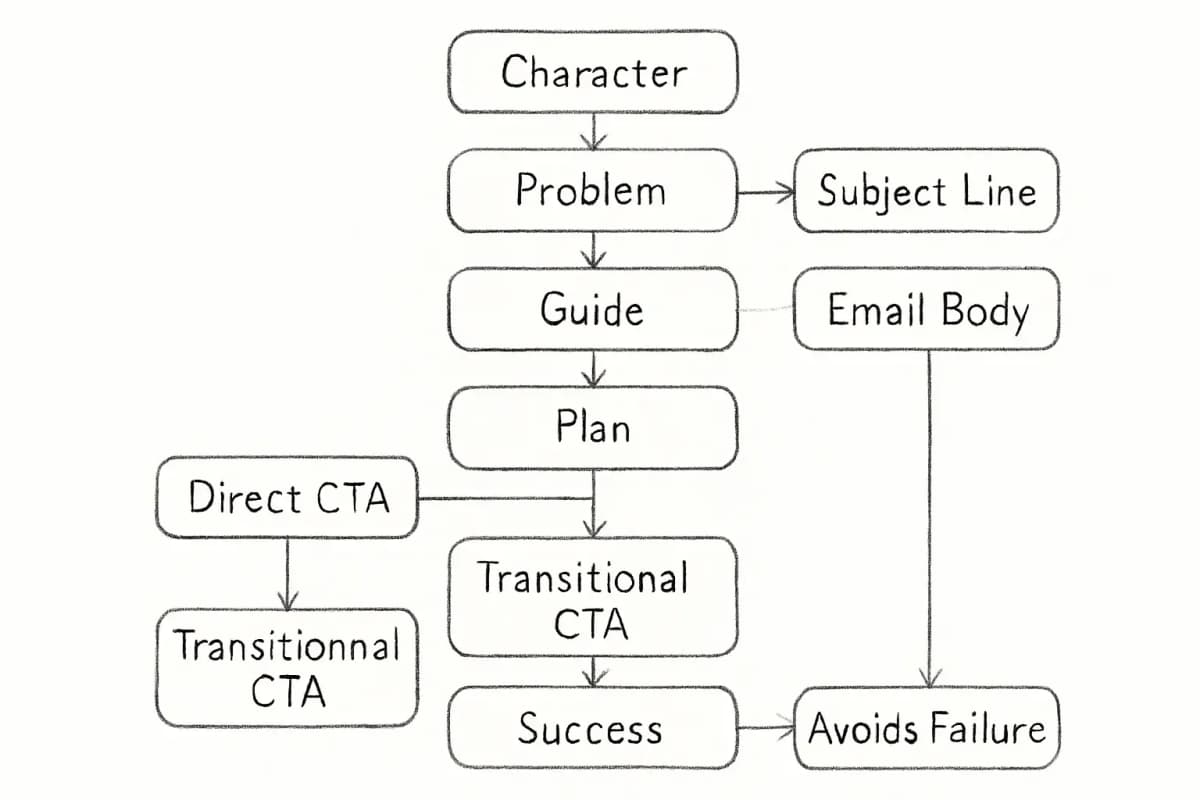 StoryBrand email funnel diagram showing the 7-part SB7 framework (Character, Has a Problem, Meets a Guide, Guide Gives a Plan, Calls to Action, Shows Success, Avoids Failure) mapped vertically to an email sequence progression. Each framework element connects to corresponding email components: Problem layer feeds subject lines; Empathy, Authority, and Plan sections map to email body; CTA reflects either direct actions (Buy Now, Schedule Call) or transitional actions (Download Guide, Read Post). Use arrows to show the flow from framework stage to email type.