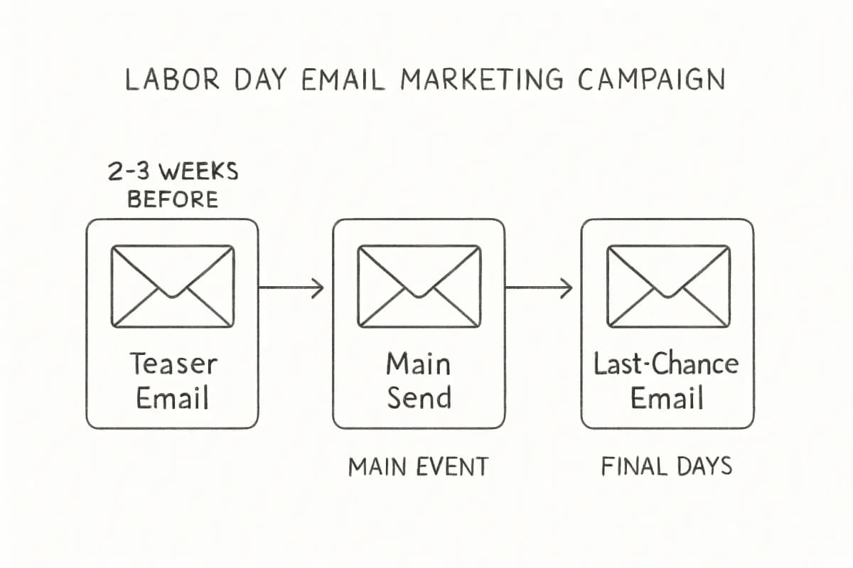 Calendrier de campagne emailing Soldes d'été montrant trois envois email séquentiels : (1) Email teaser en haut à gauche, (2) Envoi promotionnel principal au centre, et (3) Email de dernier appel à droite. Chaque email doit être représenté comme une icône d'enveloppe ou de lettre avec une étiquette en dessous. Connectez les trois emails avec des flèches circulant de gauche à droite pour montrer la progression de la séquence. Incluez des indicateurs de temps (par exemple, « 2-3 semaines avant », « Événement principal », « Derniers jours ») au-dessus ou en-dessous de chaque étape. Utilisez un schéma de couleurs propre et professionnel avec des accents à thème Soldes d'été. La mise en page générale doit communiquer l'urgence et la progression tout au long du cycle de vie de la campagne.