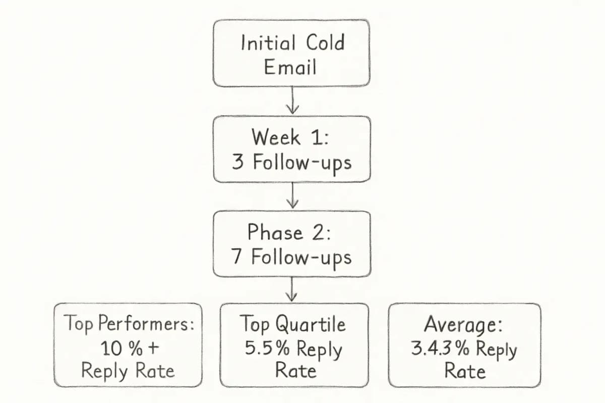 Un diagramme visuel montrant le cadre de cadence de suivi de cold email 3-7-7 avec les points de référence clés de performance. Le diagramme devrait afficher le cold email initial comme première étape, suivi d'une séquence de 3 suivis dans la première semaine, 7 suivis dans la deuxième phase et 7 suivis dans la phase finale. Chaque phase devrait être clairement étiquetée avec le timing. Incluez les métriques de référence affichées à côté: les campagnes les plus performantes dépassant 10% de taux de réponse, les expéditeurs du premier quartile à 5,5% de taux de réponse et le taux de réponse moyen à 3,43%. Utilisez une mise en page propre et professionnelle avec des flèches montrant la progression à travers les étapes du cadence.