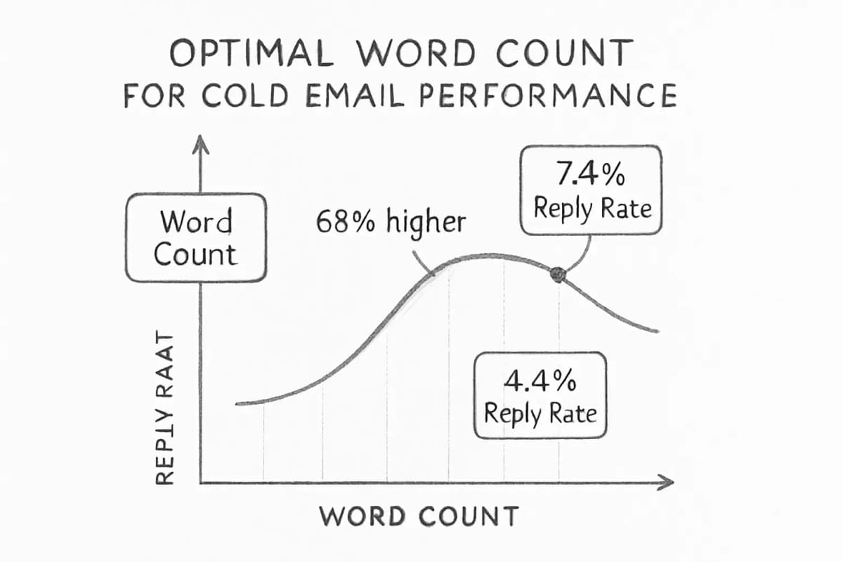 Un graphique linéaire ou un nuage de points montrant la relation entre le nombre de mots de l'email (axe x) et le pourcentage de taux de réponse (axe y). La visualisation doit afficher des points de données ou une ligne de tendance démontrant comment les taux de réponse changent en fonction du nombre de mots. Incluez des annotations mettant en évidence le point de performance du taux de réponse 68 % plus élevé (taux de réponse de 7,4 %) par rapport à un point de performance inférieur (taux de réponse de 4,4 %). Ajoutez un titre clair et des étiquettes d'axes. Le graphique doit transmettre qu'il existe un nombre de mots optimal pour la performance de la prospection par email.