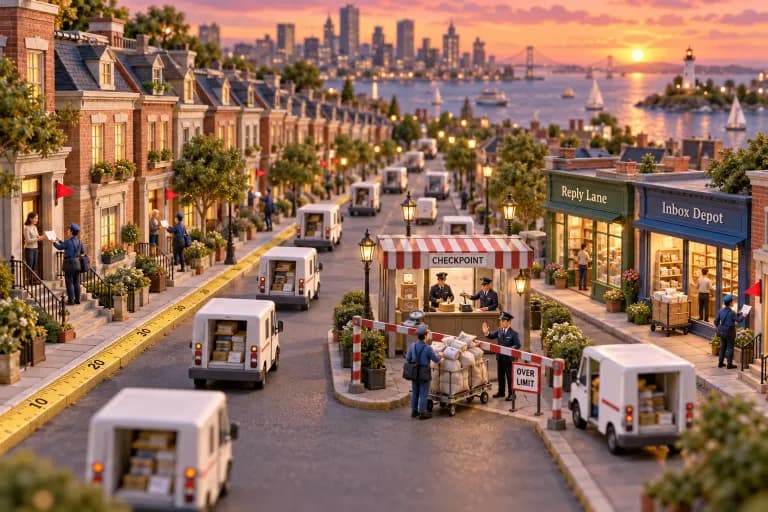 A wide boulevard of identical townhouses where a fleet of tiny mail trucks fans out, couriers dropping envelopes at hundreds of doors; only a handful of stoops have residents stepp