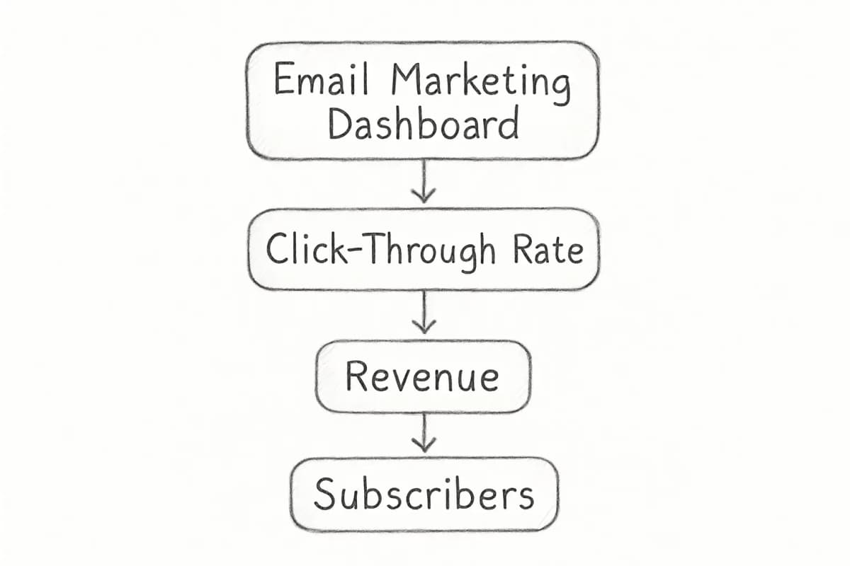 A dashboard showing email marketing key performance metrics including click-through rate, revenue pe