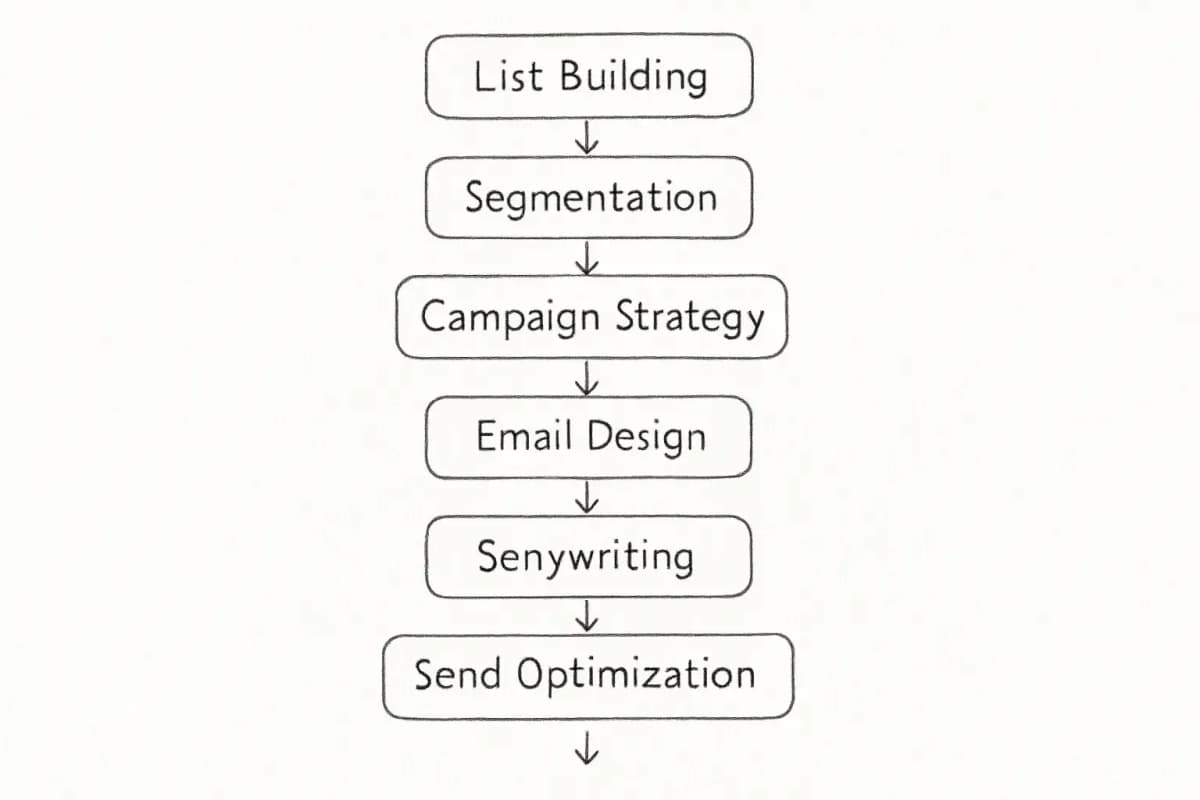 Un diagramme de flux vertical montrant 7 étapes séquentielles pour le succès de l'email marketing. Chaque étape s'écoule vers le bas avec des flèches les reliant. Les étapes progressent des activités fondamentales de constitution de liste jusqu'à l'exécution de campagne et à la surveillance continue. Les cadres d'étapes doivent utiliser un style cohérent avec des étiquettes claires et des flèches directionnelles entre chaque stade. Le diagramme souligne la progression linéaire tout en montrant que l'étape finale (surveillance de délivrabilité) réalimente l'amélioration continue.