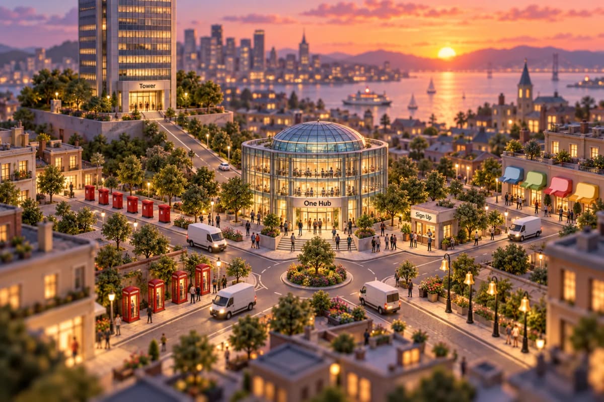A broad corporate tower stands at the edge of a small district, and a newly built glass hub sits on its own square nearby, connected back to the tower only by a single narrow lane.