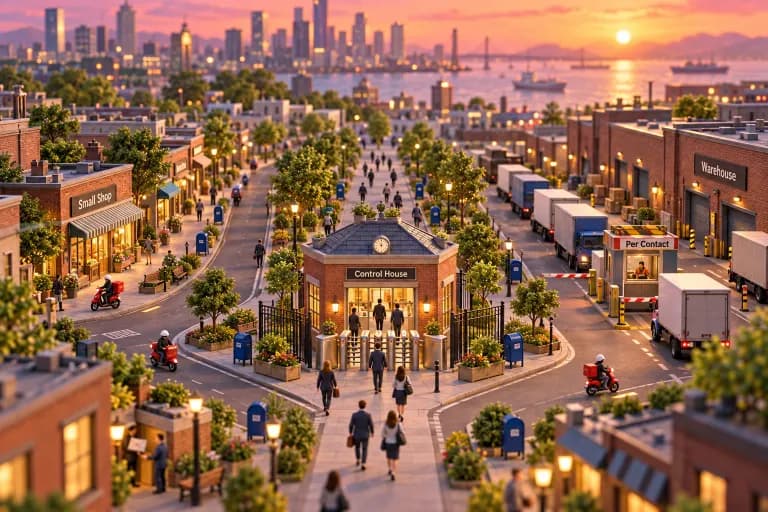 A compact midtown block where a tidy brick control house sits at a fork in the road, its turnstile gate counting little figures in blazers as they file in and scatter down three fa