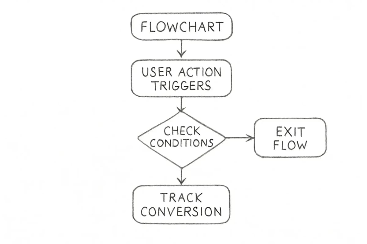 Diagramme d'organigramme montrant le flux de travail email déclenché avec 5 étapes séquentielles: l'action utilisateur se produit et déclenche le flux, le système vérifie si les conditions sont remplies (losange de décision), l'email personnalisé est envoyé à l'abonné, la conversion ou l'engagement est suivi et enregistré, l'utilisateur quitte la séquence automatisée quand la condition de sortie est respectée. Utilisez des flèches pour montrer la direction du flux entre les étapes. Incluez une distinction visuelle pour le point de décision.