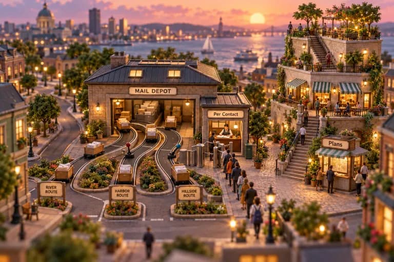 A tiny mail depot sits at the center of the block, its loading bay feeding three curving streets that split off like automated tracks, with little switch levers at each junction st