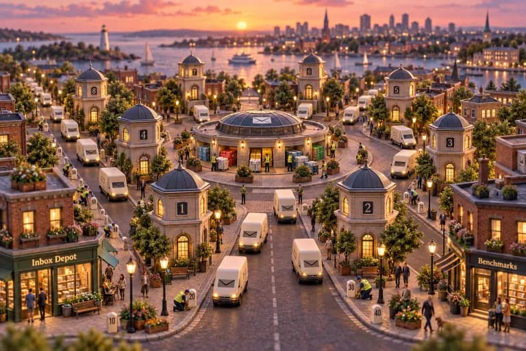 A compact downtown crossroads where eight small survey towers ring a central plaza, each anchoring its own street of narrow brick offices, and every street sends a line of pale env