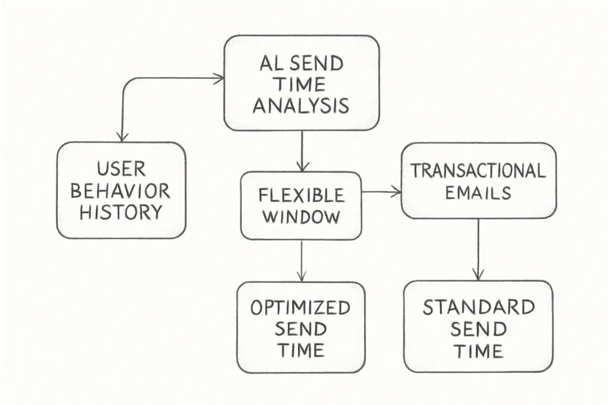 Un organigramme montrant le processus d'optimisation prédictive de l'heure d'envoi par IA pour le email marketing. Commencez par l'historique du comportement utilisateur à gauche, se dirigeant vers une boîte d'analyse IA au centre qui évalue les motifs de temps d'envoi. De là, se divise en deux chemins: l'un montrant les newsletters et les campagnes promotionnelles avec des fenêtres d'engagement flexibles allant à l'heure d'envoi optimisée, et un autre montrant les emails transactionnels ou sensibles au temps comme l'abandon de panier allant directement au temps d'envoi standard sans optimisation. Incluez des étiquettes pour chaque point de décision et résultat.