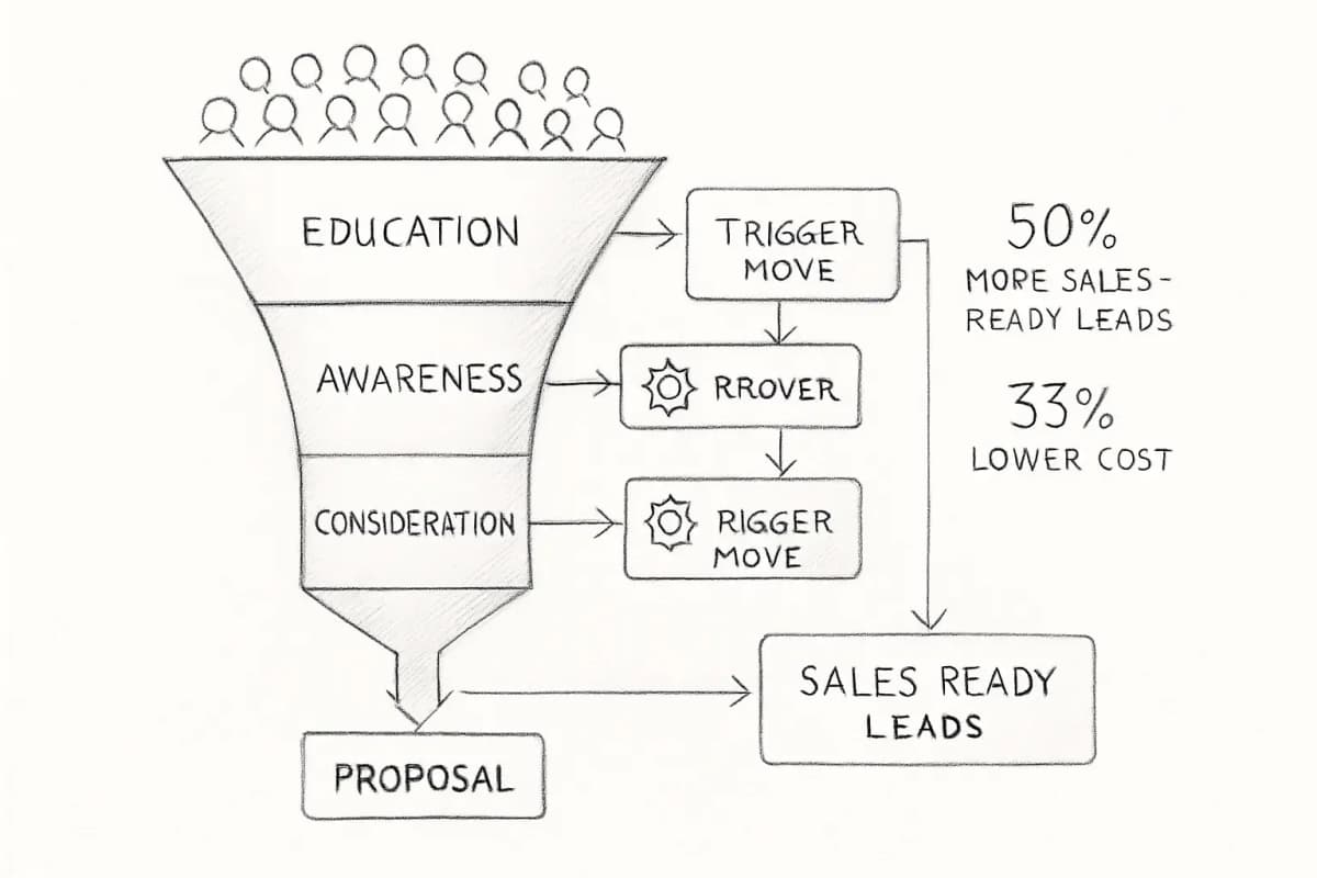 Diagramme d'entonnoir de nurturing email aérospatial montrant un processus de vente à plusieurs étapes. Commençant par le haut avec l'étape 'Éducation' contenant plusieurs contacts entrant dans l'entonnoir. L'entonnoir se rétrécit à travers les étapes intitulées 'Awareness', 'Considération' et 'Proposition', avec des transitions de module basées sur les déclencheurs entre chaque étape. Incluez les métriques de pourcentage montrant 50% plus de prospects prêts à vendre et 33% moins cher. En bas, montrez le résultat avec les prospects qualifiés se déplaçant vers l'étape de proposition. Utilisez le schéma de couleurs aérospatial/défense (bleus et gris) avec un style B2B professionnel. Montrez les connexions de flux horizontal entre les modules de nurturing avec des icônes de déclenchement indiquant le mouvement automatisé basé sur les signaux d'engagement.