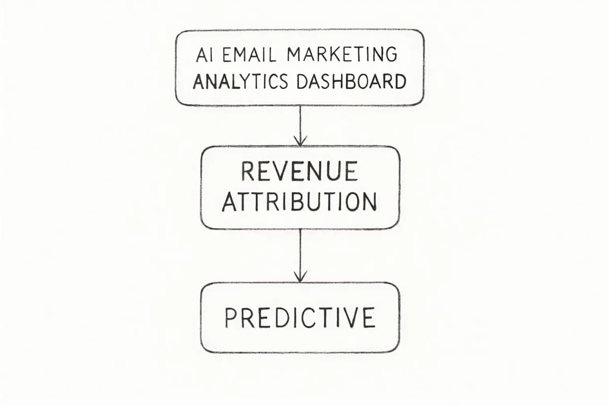 Une visualisation d'un tableau de bord d'analyse email marketing IA montrant l'attribution de revenu et prédictive