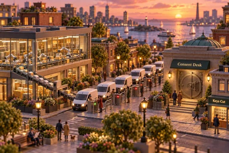 A compact downtown block where a glass-walled sorting hall lets tiny robotic arms pass sealed envelopes along a conveyor that exits onto the street, feeding a line of small deliver