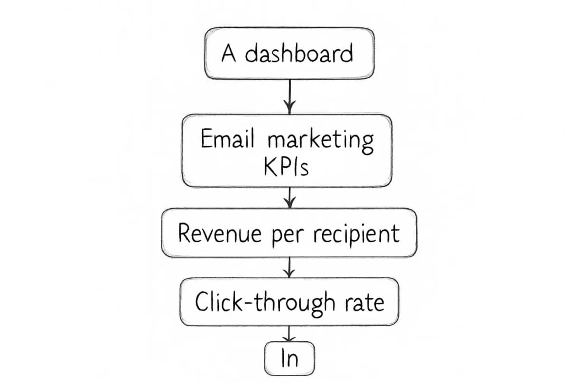 Un tableau de bord montrant les KPIs d'email marketing incluant le revenu par destinataire, le taux de clic et la cible