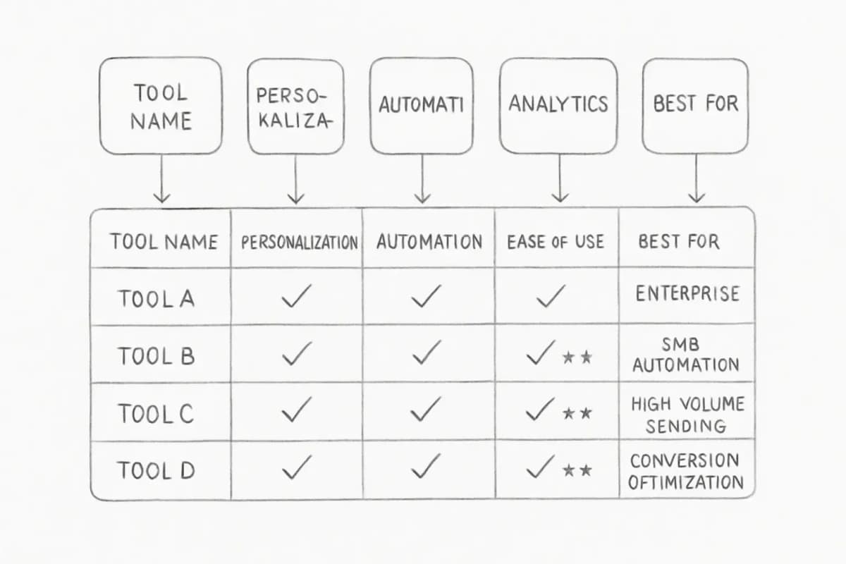 Tableau de comparaison affichant les meilleurs outils de marketing par email alimentés par l'IA en lignes avec des colonnes pour les fonctionnalités clés (capacités de personnalisation, flux de travail d'automatisation, profondeur d'analyse, facilité d'utilisation, niveau de tarification) et les cas d'usage optimaux (campagnes d'entreprise, automatisation des PME, envoi à haut volume, optimisation de la conversion). Incluez 4 à 5 outils populaires comme exemples avec des coches, des évaluations de fonctionnalités et des balises de cas d'utilisation pour aider les lecteurs à identifier rapidement quel outil correspond à leurs besoins.