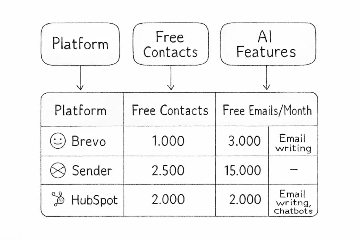 Tableau de comparaison montrant quatre colonnes : nom de la plateforme (Brevo, Sender, HubSpot), limite de contacts gratuite, emails gratuits par mois et fonctionnalités IA sur le plan gratuit. Chaque ligne utilise un format de tableau propre avec des séparations de cellules claires. Incluez une distinction visuelle entre les plateformes en utilisant des couleurs d'arrière-plan subtiles ou des icônes. Le tableau doit être professionnel, facilement scannables et montrer des chiffres spécifiques et des listes de fonctionnalités comme mentionné dans le contexte de l'article.