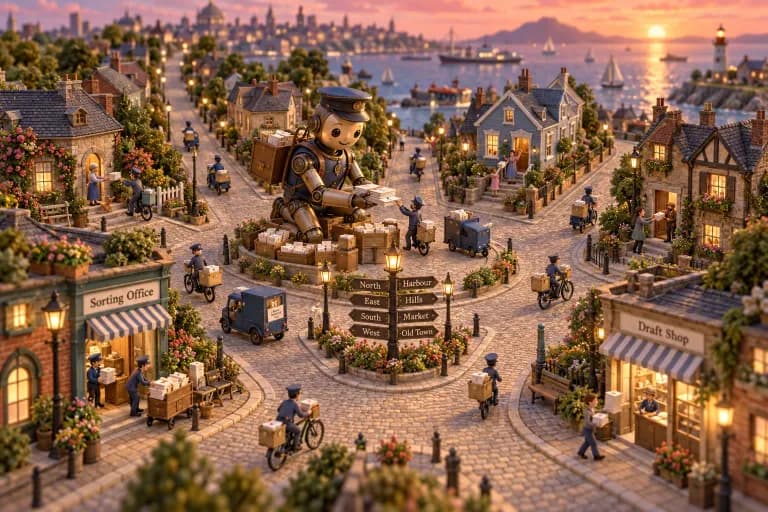 A miniature postal district where a friendly clockwork helper, twice the height of the row houses, kneels at a central sorting yard and gently hands stacks of tiny envelopes to cou