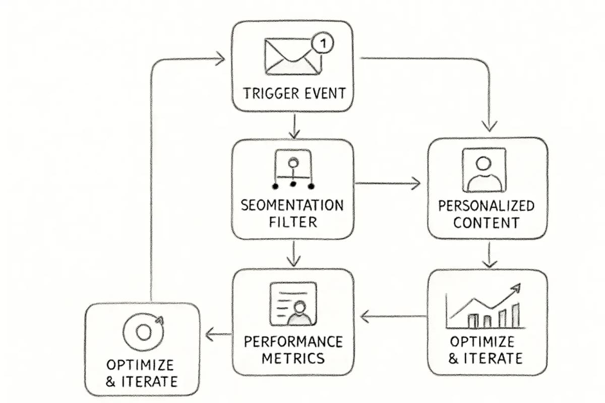 Diagramme de flux de travail d'automatisation du marketing par email IA montrant le processus complet. Commencez par un événement déclencheur (nouvel abonnement), accédez aux filtres de segmentation d'audience (par comportement, niveau d'engagement ou données démographiques), puis divisez-vous en envois d'emails personnalisés en fonction des caractéristiques du segment. Montrez les boucles de rétroaction où les métriques de performance des emails (ouvertures, clics, conversions) se renforcent dans la logique de segmentation pour une optimisation continue. Incluez des icônes ou des indicateurs visuels pour les déclencheurs, les règles de segmentation, les variantes de contenu personnalisées et les décisions d'envoi automatisées.