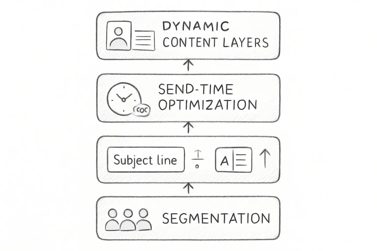 Diagramme de pile verticale montrant quatre couches de personnalisation email par l'IA: Couche 1 (en bas) affichant "Segmentation" avec des icônes d'audience se divisant en différents groupes; Couche 2 affichant "IA de Ligne d'Objet" avec un aperçu de texte et des flèches d'optimisation; Couche 3 affichant "Optimisation du Moment d'Envoi" avec une horloge et plusieurs fuseaux horaires; Couche 4 (en haut) affichant "Couches de Contenu Dynamique" avec des blocs de contenu se personnalisant selon les données utilisateur. Chaque couche se connecte vers le haut par des flèches. Utilisez une palette de couleurs technologiques modernes avec des bleus et des violets. Incluez des icônes subtiles pour chaque concept.