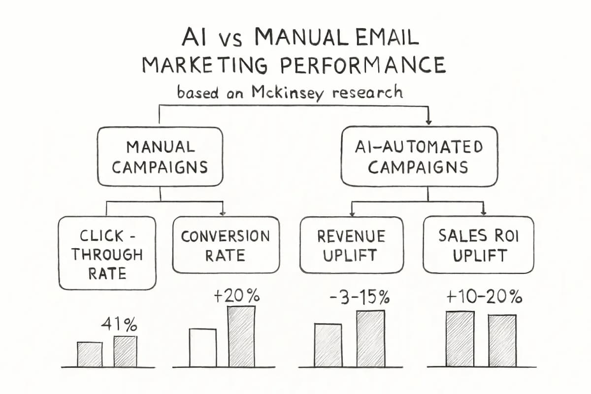 Graphique en barres côte à côte comparant la performance du email marketing automatisé et piloté par l'IA par rapport au email marketing manuel. Les barres de gauche représentent les campagnes manuelles montrant des métriques plus faibles de taux de clic, taux de conversion et augmentation des revenus. Les barres de droite représentent les campagnes automatisées par l'IA montrant des métriques significativement plus élevées : augmentation de 41% des taux de clic, augmentation de 20% des taux de conversion et augmentation des revenus de 3 à 15% avec une augmentation du ROI des ventes de 10 à 20%. Utilisez des couleurs contrastées (manual en gris muted, IA en bleu vibrant ou vert) avec des étiquettes de pourcentage claires au-dessus de chaque barre. Incluez un titre en haut : 'Performance du Email Marketing par IA vs Manuel' et un sous-titre notant que les données proviennent de la recherche McKinsey.