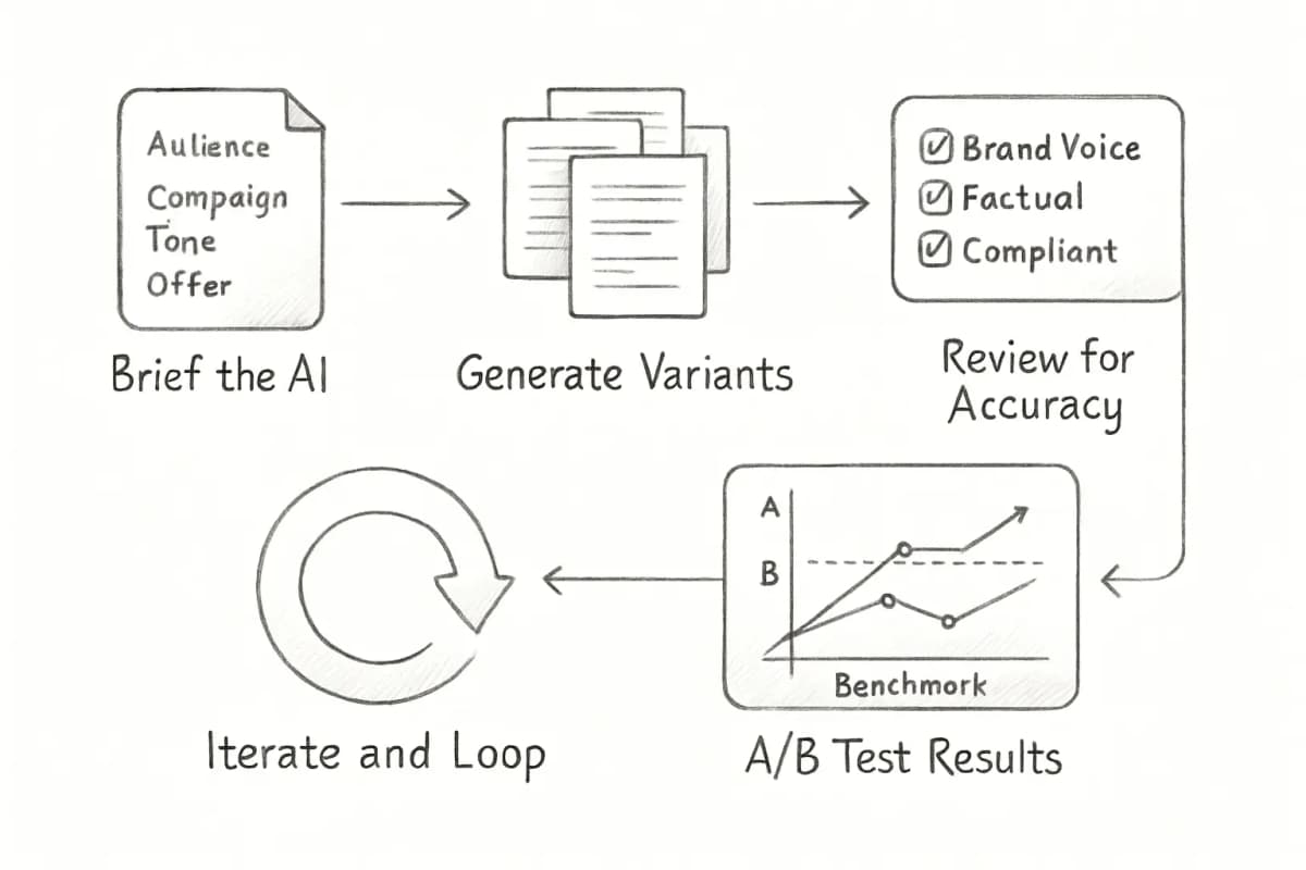 Un diagramme de flux de travail en 5 étapes montrant le processus de génération de contenu email par IA. Chaque étape s'écoule de gauche à droite dans des boîtes connectées: l'étape 1 affiche un document de brief avec le contexte d'audience, l'objectif de la campagne, les directives de ton et les détails de l'offre. L'étape 2 affiche plusieurs variantes de documents (3 à 5 copies) générées. L'étape 3 affiche une liste de vérification d'examen pour la voix de marque, la précision factuelle et la conformité. L'étape 4 affiche un graphique de comparaison de test A/B avec deux variantes par rapport à une ligne de référence historique. L'étape 5 affiche des flèches de rétroaction qui boucle vers l'étape 1, indiquant l'itération. Utilisez un design propre et moderne avec des icônes pour chaque étape et des flèches subtiles les reliant.