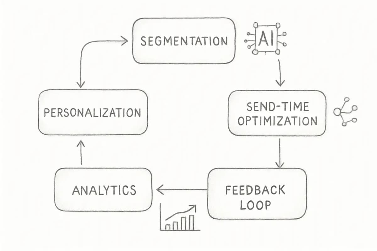 Diagramme de flux de marketing par email alimenté par l'IA montrant quatre étapes connectées dans une boucle de rétroaction circulaire. Commencez par la segmentation (division de l'audience en groupes ciblés), passant à la personnalisation (personnalisation du contenu et des lignes d'objet), puis à l'optimisation du moment d'envoi (détermination des meilleurs moments de livraison), et enfin à la boucle de rétroaction analytique (mesure des métriques de performance comme les taux d'ouverture, les clics, les conversions et l'impact sur le chiffre d'affaires). Des flèches relient chaque étape au début, illustrant l'amélioration continue. Incluez des indicateurs visuels pour l'automatisation par l'IA (comme des icônes d'apprentissage automatique ou des flux de données) à chaque étape.