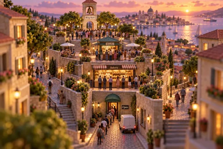 A broad boulevard narrows through four descending plazas like a funnel carved into the town.