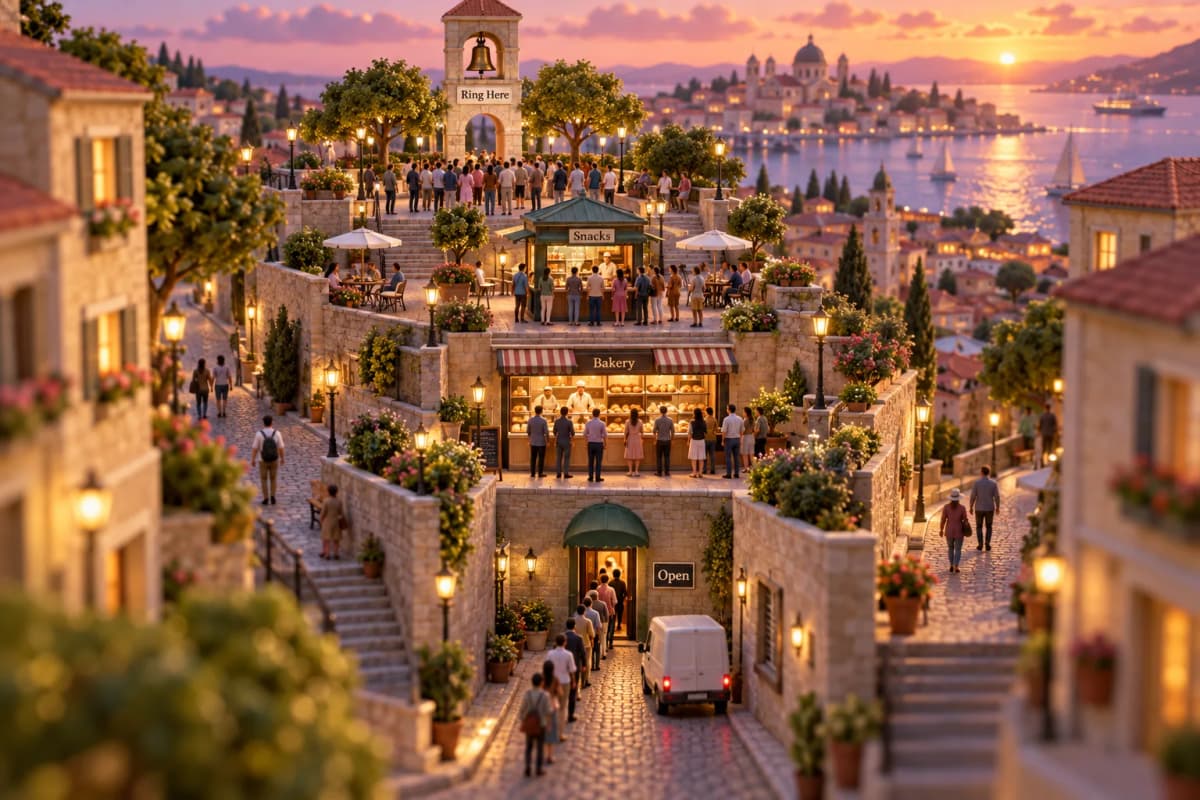 A broad boulevard narrows through four descending plazas like a funnel carved into the town.