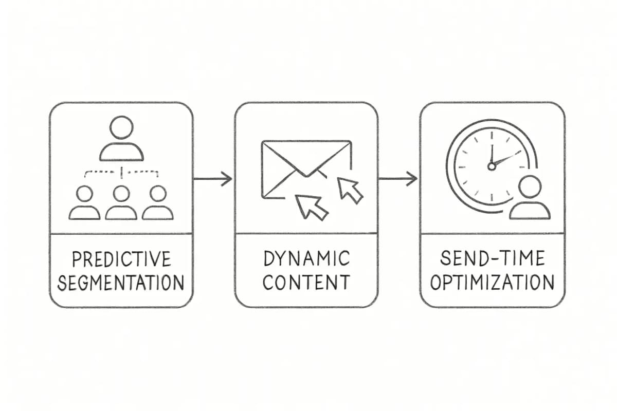 Diagramme du flux de marketing par email piloté par l'IA montrant trois processus d'optimisation parallèles: segmentation prédictive sur la gauche (audience divisée en segments basés sur le comportement et les données), contenu dynamique au centre (contenu d'email personnalisé s'adaptant à chaque segment) et optimisation du timing d'envoi sur la droite (élément d'horloge/timing montrant quand les emails sont envoyés à chaque destinataire). Les flèches s'écoulent de gauche à droite montrant comment ces trois composants fonctionnent ensemble en séquence. Utilisez un design moderne et épuré avec des nœuds connectés et des icônes subtiles pour représenter chaque concept.
