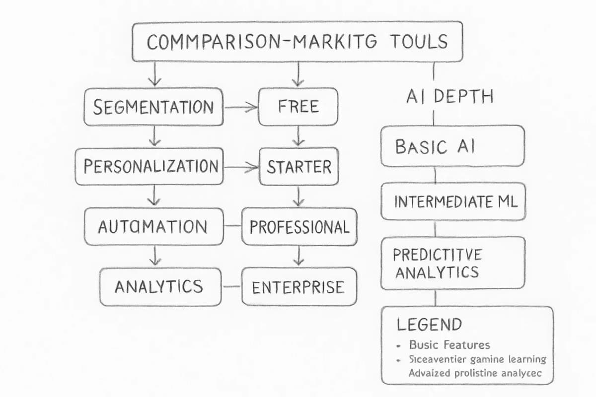 Graphique de comparaison affichant les meilleurs outils de marketing email alimentés par l'IA organisés selon trois dimensions: catégories de cas d'utilisation (segmentation, personnalisation, automation, analyse), niveaux de tarification (gratuit, démarrage, professionnel, entreprise) et niveaux de profondeur d'IA (fonctionnalités d'IA basiques, apprentissage automatique intermédiaire, analyse prédictive avancée). Le graphique doit afficher 8 à 10 noms d'outils positionnés sur ces axes avec différenciation visuelle par couleur ou icône pour représenter leurs forces. Incluez une légende expliquant les gammes de tarification et les niveaux de capacité d'IA.