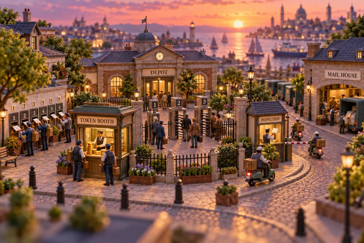 A compact prospecting depot sits at the center of a tiny business district: a brass token dispenser booth hands stacks of round coins to couriers, who feed one coin per letter into