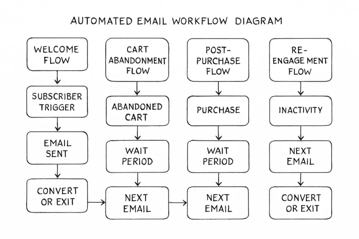 Automated email workflow diagram showing four main customer journey branches: Welcome flow (triggered on signup), Cart Abandonment flow (triggered on abandoned cart), Post-Purchase flow (triggered after purchase), and Re-engagement flow (triggered on inactivity). Each branch should show the trigger event at the start, followed by email touchpoints in sequence, with arrows connecting each step. The diagram should visually demonstrate how these parallel workflows operate simultaneously within a single automated system, all maintaining consistent brand identity across each touchpoint.