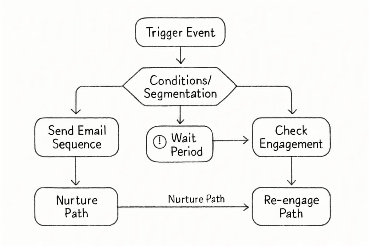 Diagramme de workflow email automatisé montrant le cycle de vie complet de l'automatisation. Commencez par un événement déclencheur (action d'abonné ou événement basé sur une date) débouchant sur un losange de décision pour les règles de conditions/segmentation. À partir de là, montrez des chemins de branchement: l'un menant à une séquence d'emails automatisés à gauche, un autre à une période d'attente avec une icône d'horloge au centre, et un troisième à un split conditionnel basé sur les métriques d'engagement (ouvert/cliqué vs pas d'action). Incluez des flèches montrant comment les abonnés engagés s'écoulent dans les séquences de nurture tandis que les abonnés inactifs sont acheminés vers les campagnes de réengagement. Utilisez un flux de gauche à droite avec des nœuds clairs pour chaque étape.