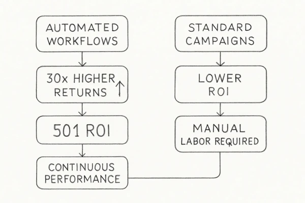 Graphique de comparaison côte à côte montrant les performances du workflow d'email automatisé par rapport aux campagnes uniques standard. Le côté gauche montre les workflows automatisés avec les métriques: 30 fois plus de rendement, ROI de 50:1, performances continues sans main-d'oeuvre supplémentaire. Le côté droit montre les campagnes standard avec des métriques plus basses pour la comparaison. Incluez les indicateurs visuels comme les flèches vers le haut pour l'automatisation, plates ou vers le bas pour les campagnes standard. Ajoutez les symboles de dollars et de pourcentage pour souligner la différence de ROI. Utilisez des couleurs contrastées pour mettre en évidence l'écart de performance entre les deux approches.