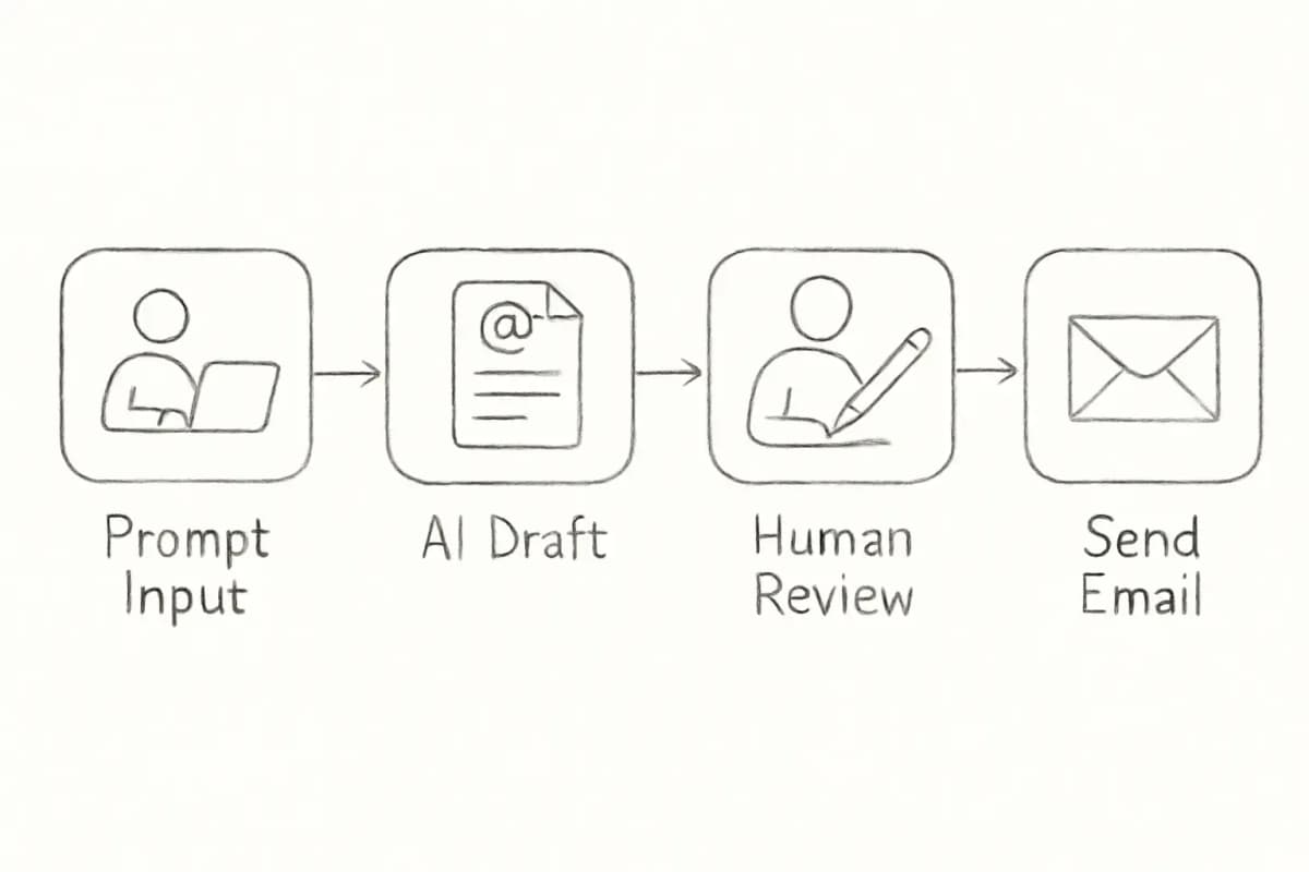 AI email writer workflow diagram showing four sequential steps: a user entering a prompt into an AI tool, the AI generating an email draft, a human marketer reviewing and editing the draft, and finally sending the completed email to subscribers. Use arrows to connect each step left to right, with icons or visual indicators for each stage (prompt input, draft generation, human review, send).