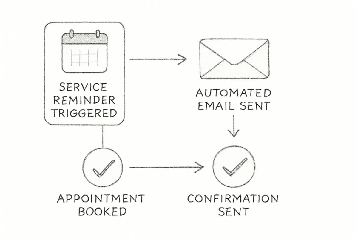 Diagramme de workflow d'automatisation email automobile montrant: événement de déclenchement de rappel de service à gauche, flèche s'écoulant à droite vers l'envoi automatisé d'email, puis flèche vers la confirmation de réservation de rendez-vous complétée à droite. Incluez des indicateurs visuels pour la source de déclenchement (icône de calendrier/rappel), l'email envoyé (icône d'enveloppe) et le résultat de réservation réussi (icône de coche/confirmation). Codez par couleur le déclencheur dans une couleur, l'action email dans une autre et le résultat de confirmation dans une troisième pour la clarté.