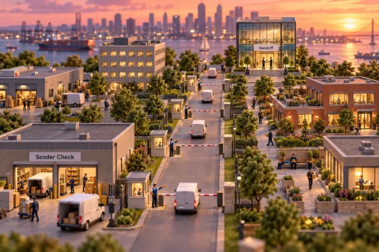 A long avenue runs like a pipeline from a small mail depot toward a glass-fronted sales office at the far end, with tiny delivery vans pausing at four gated checkpoints along the w