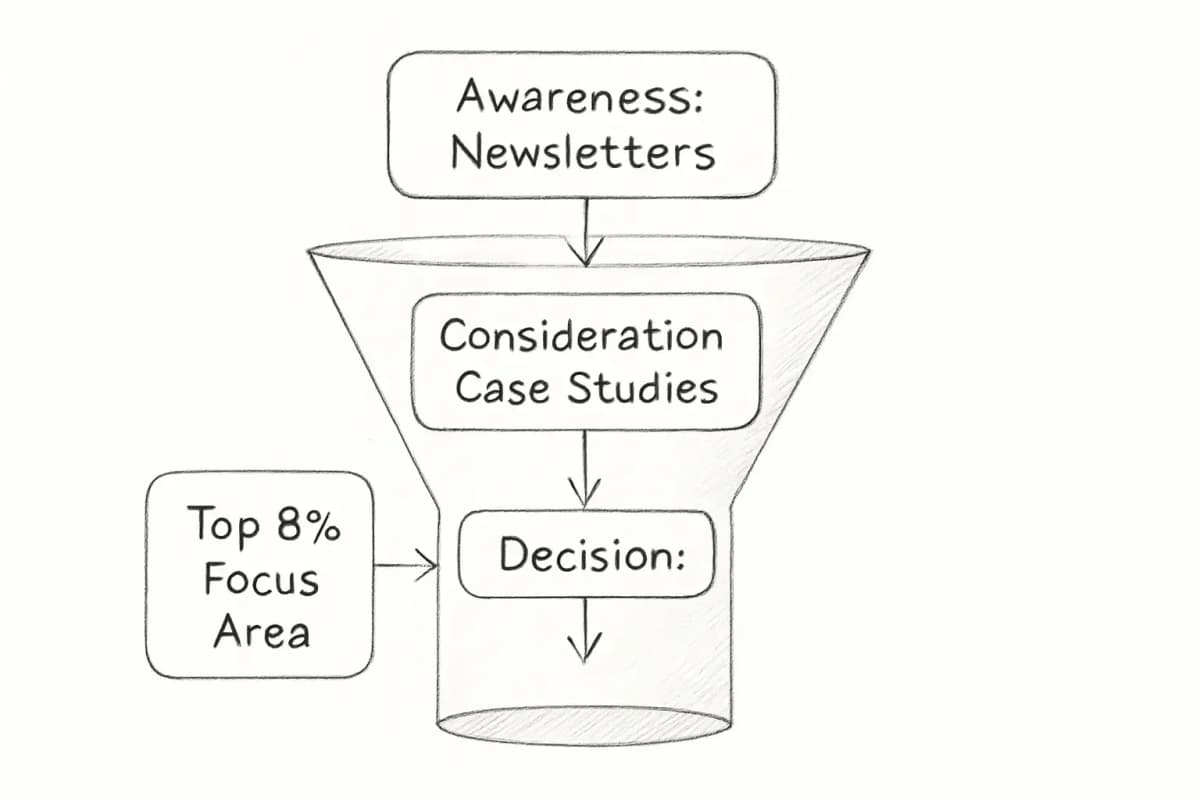 Un diagramme en entonnoir montrant les types de contenu email B2B alignés avec les étapes du parcours d'achat. Haut du funnel (Sensibilisation): infolettres, contenu éducatif, insights sectoriels. Milieu du funnel (Considération): études de cas, comparaisons de produits, calculateurs ROI, évaluations. Bas du funnel (Décision): propositions personnalisées, emails d'onboarding, cadres de maturité. Le visuel doit souligner que les 8% meilleurs programmes avec un ROI de 45:1 ou plus se concentrent sur les infolettres et l'onboarding plutôt que sur les envois promotionnels. Utilisez une mise en page d'entonnoir horizontale ou verticale avec les types de contenu regroupés par étape et codés par couleur.