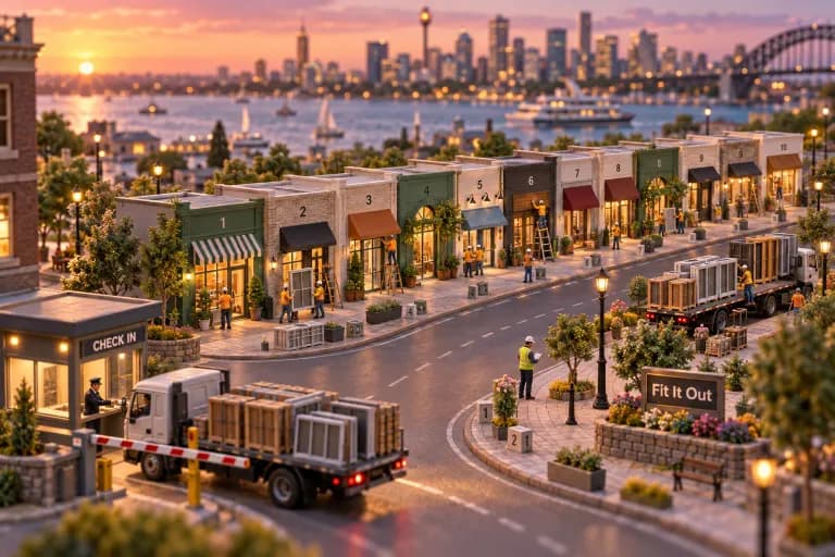 A wide avenue curves like a pipeline through the miniature downtown, lined with ten identical prefab storefront shells on numbered plots; tiny crews swap facades, awnings and doorf